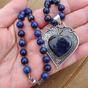 Dark Blue Sodalite Beaded Heart Necklace